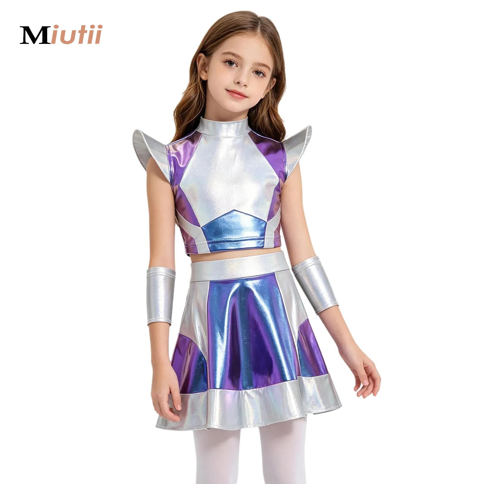 Robot Kit - Mädchen Silber Astronauten-Kostüm Alien-Jumpsuit Weltraum-Offizier-Kleid Halloween